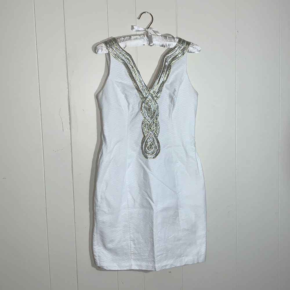 White silver and gold cocktail dress